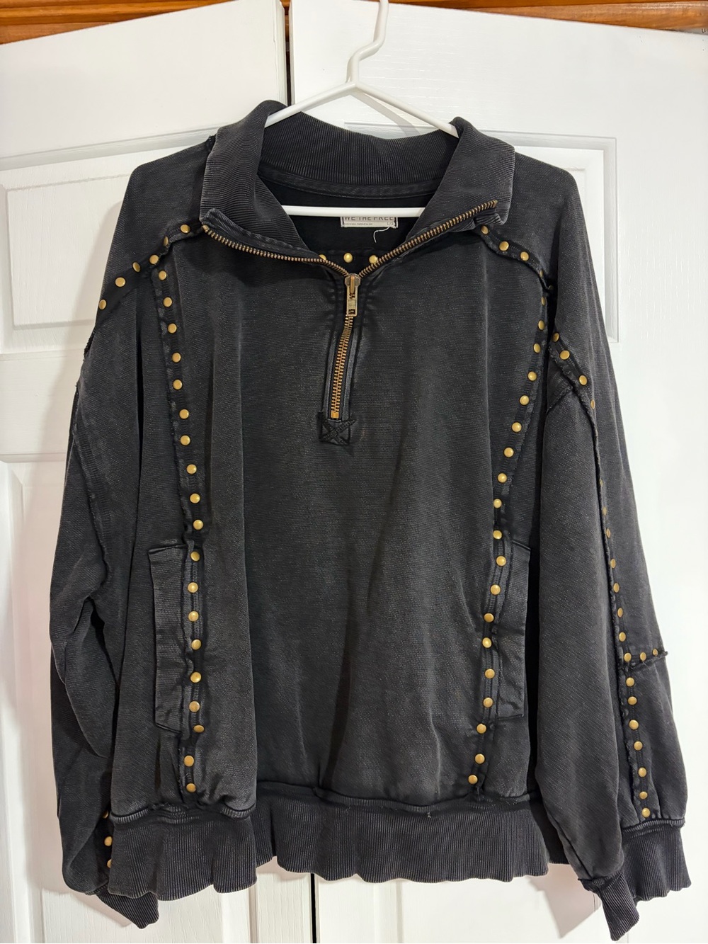 We The Free Washed Black Half-Zip Stud-Trim Bomber Pullover